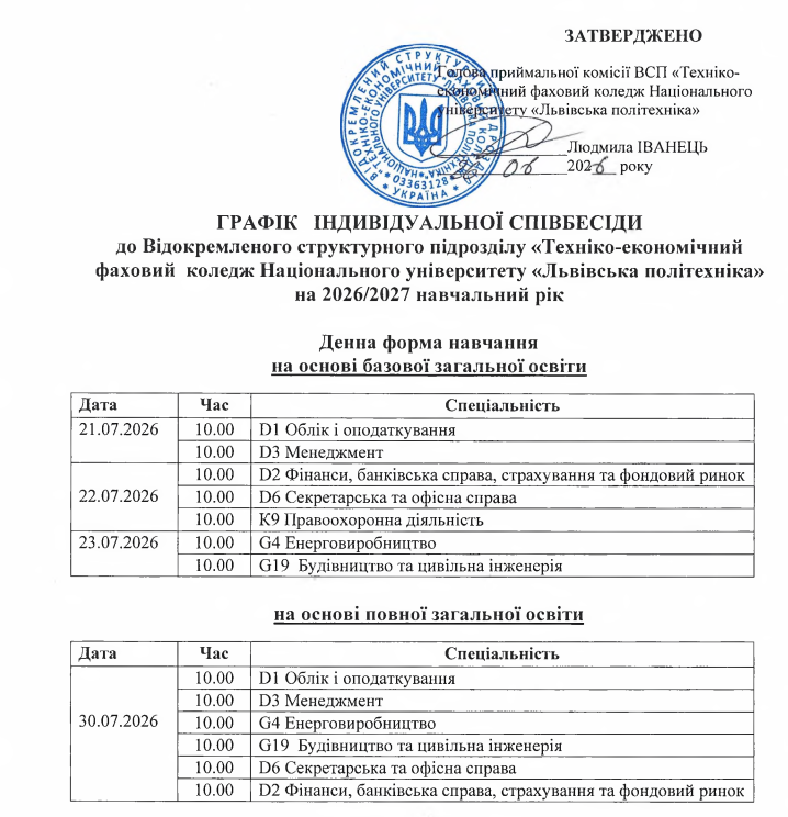 Графік індивідуальної співбесіди